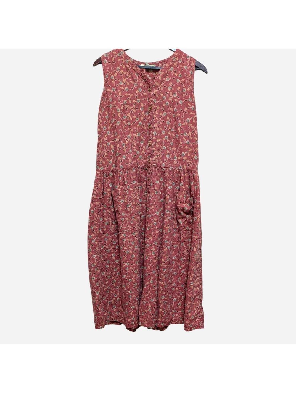 1990s Eddie Bauer 100% Linen Terracotta Botanical Drop Waist Midi Dress Small